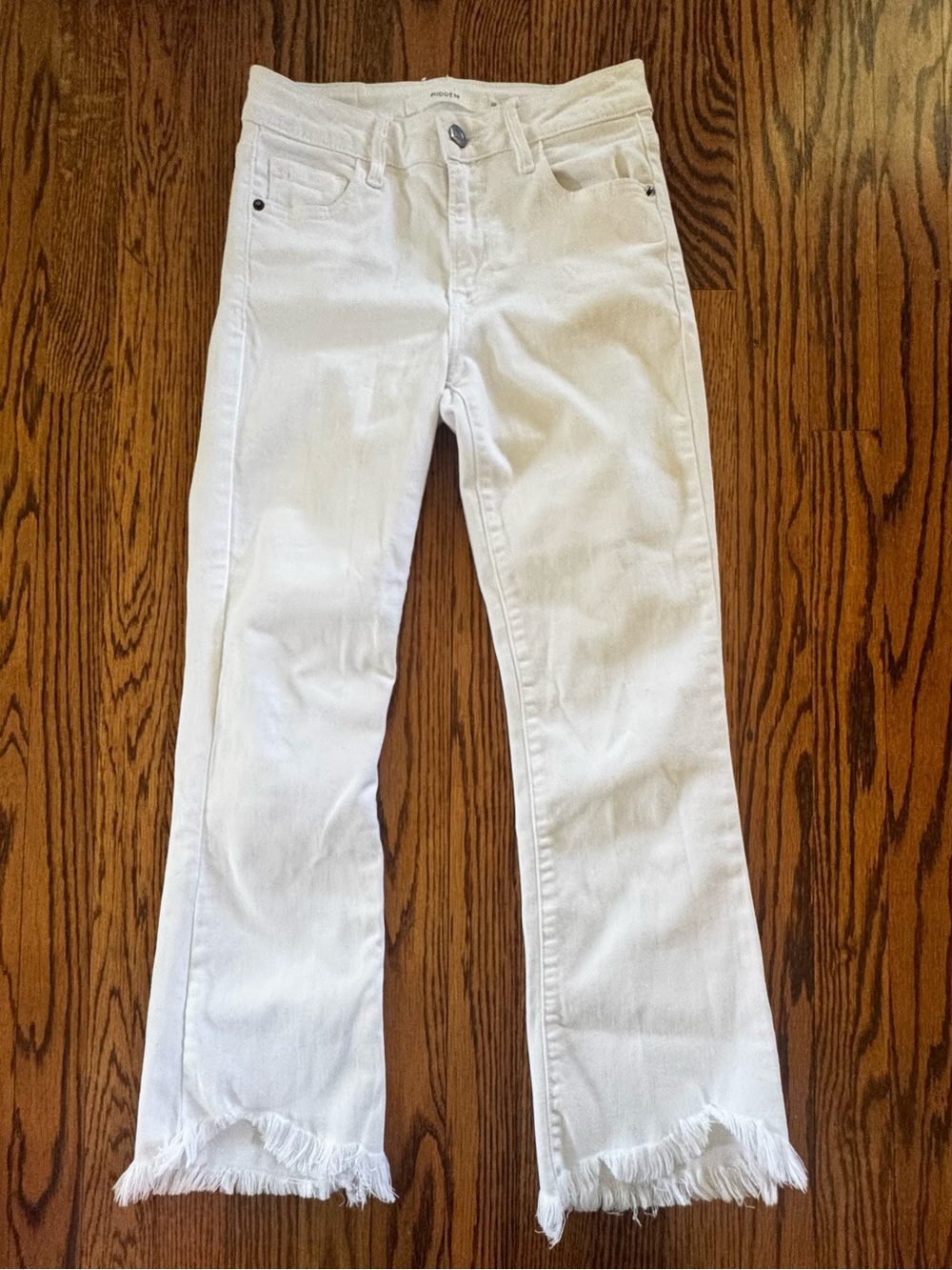 Hidden Happi White Crop Flare Jeans Women’s Size 25 Raw Hem Ankle Stretch Denim